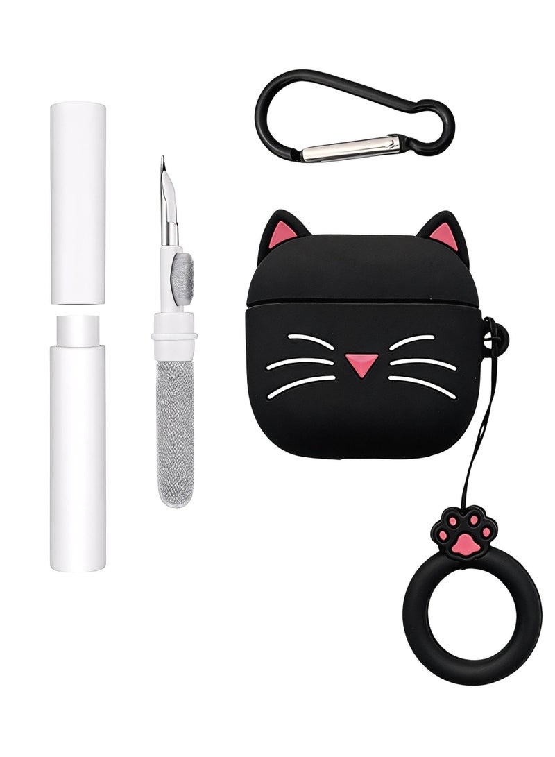 2-in-1 Cute Cat Silicone Case for AirPods 4 with Multi-Function Cleaning Pen Tool - Black Shockproof Protective Cover with Keychain & Finger Ring - Image 1