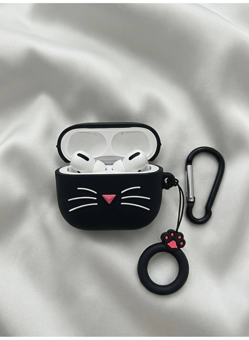 2-in-1 Cute Cat Silicone Case for AirPods 4 with Multi-Function Cleaning Pen Tool - Black Shockproof Protective Cover with Keychain & Finger Ring - Image 3