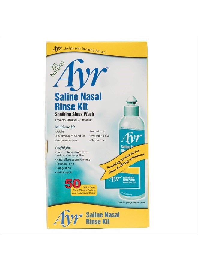 AYR مجموعة شطف الأنف المالحة من أير، غسول الجيوب الأنفية المهدئ، 50 حزمة من خليط شطف الأنف المالحة بالإضافة إلى زجاجة التطبيق - Image 1