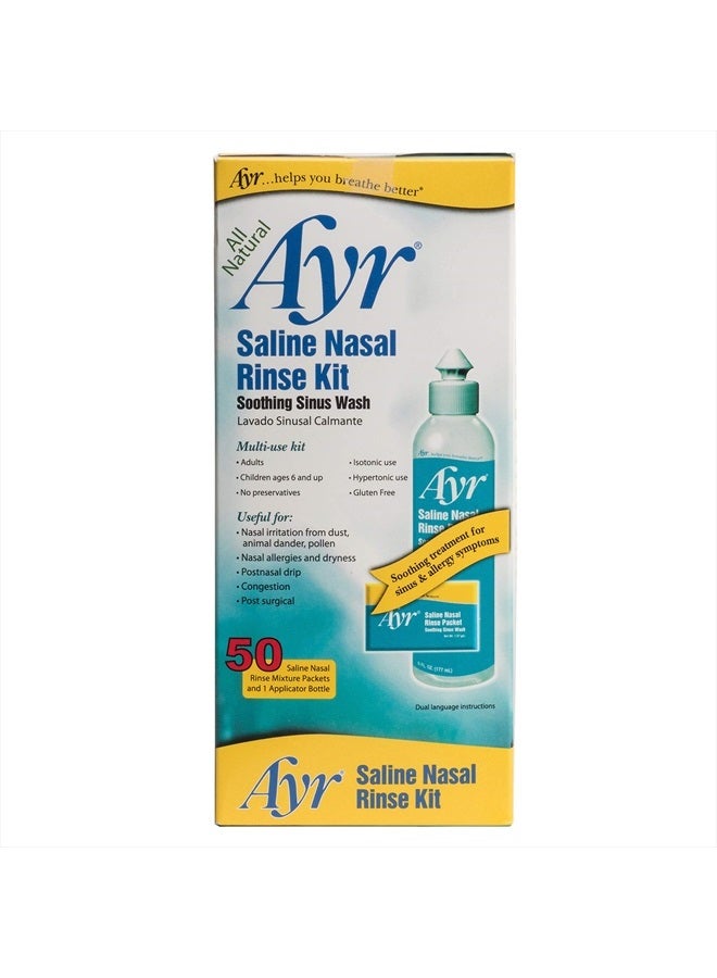 AYR مجموعة شطف الأنف المالحة من أير، غسول الجيوب الأنفية المهدئ، 50 حزمة من خليط شطف الأنف المالحة بالإضافة إلى زجاجة التطبيق - Image 2