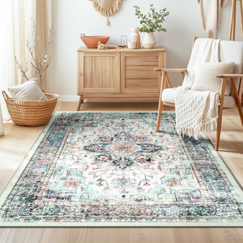 BESTSWEETIE 3x5 Area Rug Washable Rugs for Living Room  No Pile Boho Carpet for Entryway Bedroom Dinning Room  Vintage Carpet Print Distressed Non-Slip  3 x 5 ft  Multi Navy Teal - Image 1