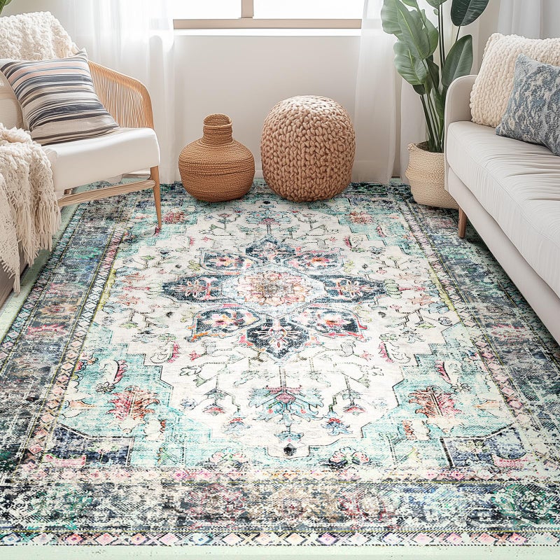 BESTSWEETIE 3x5 Area Rug Washable Rugs for Living Room  No Pile Boho Carpet for Entryway Bedroom Dinning Room  Vintage Carpet Print Distressed Non-Slip  3 x 5 ft  Multi Navy Teal - Image 2