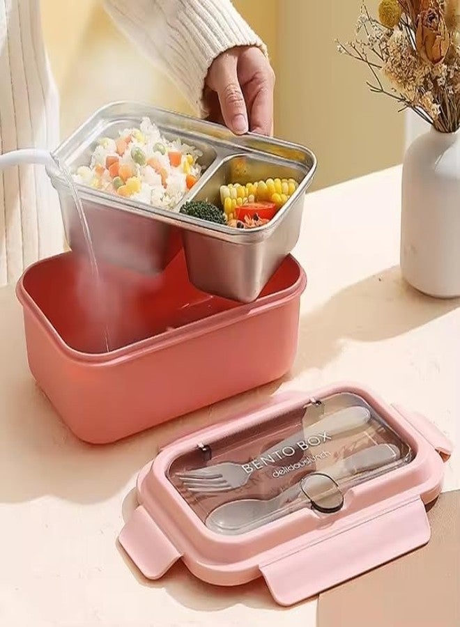 Stavae Brunch Stainless Steel Lunch Box Insulated 2 Compartment Airtight Spill Proof with Spoon and Fork (07-Pink) - Image 5