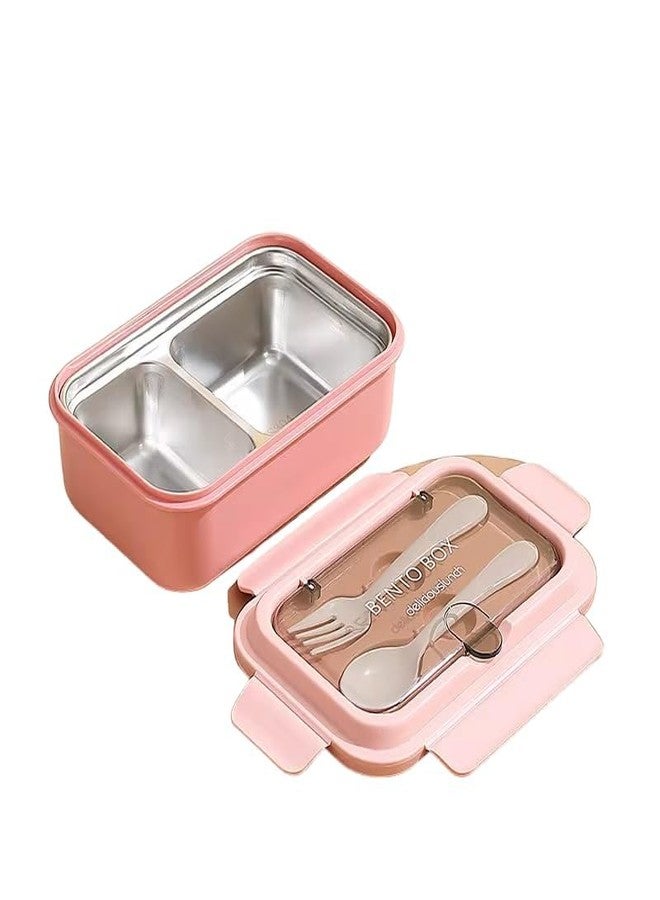 Stavae Brunch Stainless Steel Lunch Box Insulated 2 Compartment Airtight Spill Proof with Spoon and Fork (07-Pink) - Image 1