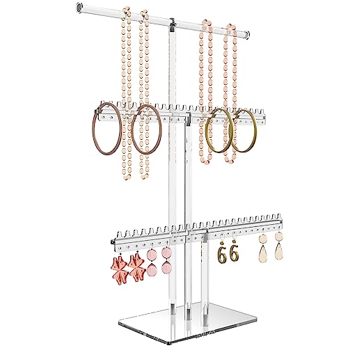 lengnoyp Premium Jewelry Stand, Earring Holder, Necklace Holder Stand, Clear 3-Tier Acrylic Large Storage Jewelry Organizer Stand & Bracelet/Bangles Stand, 48 Earring Holes Display Stands - Image 1
