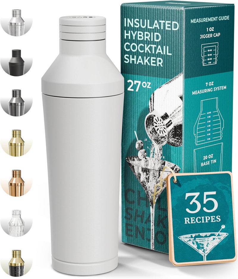 Bare Barrel Insulated Cocktail Shaker Set | Double Wall Stainless Steel | Martini Shaker for Home Bar Bartending | Built-in Drink Measurement System & Strainer, Travel Bag, 35 Recipes | Gift Set (Matt White) - Image 1