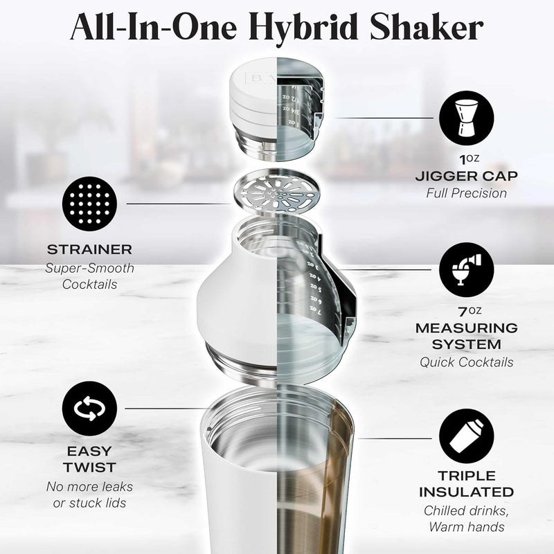 Bare Barrel Insulated Cocktail Shaker Set | Double Wall Stainless Steel | Martini Shaker for Home Bar Bartending | Built-in Drink Measurement System & Strainer, Travel Bag, 35 Recipes | Gift Set (Matt White) - Image 4
