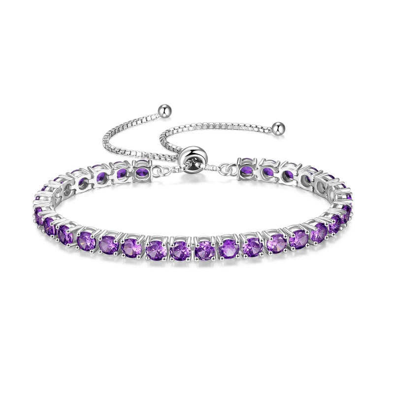 FANCIME February Birthstone Jewelry Amethyst Bracelet for Women Sterling Silver 4mm Gemstone Tennis Bracelet Bolo Adjustable Chain Fine Jewelry Birthday Gifts for Women Mom Wife Her - Image 1