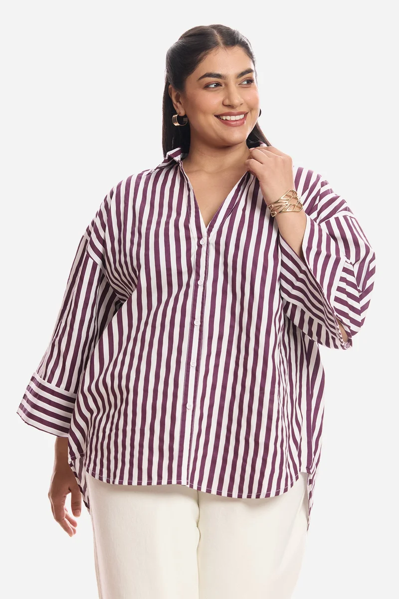 فيرجيو Stripes Cotton Boxy Fit Plus Size Shirt for Women