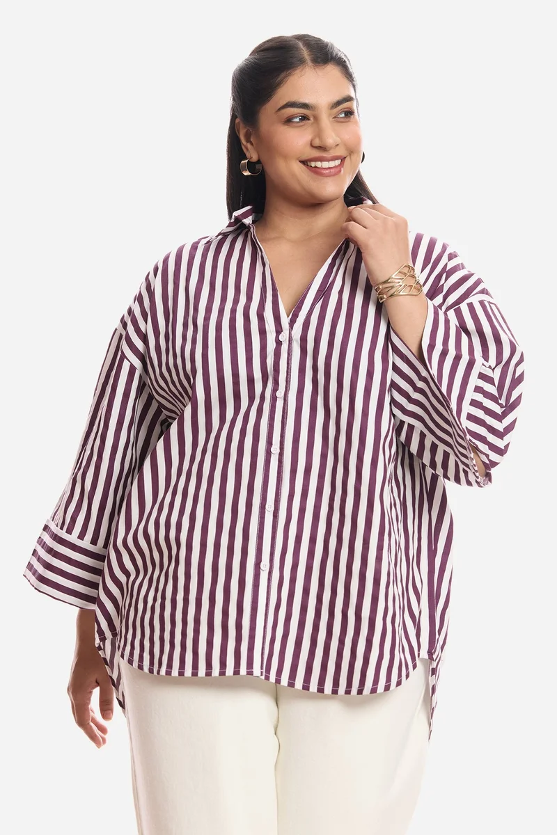 فيرجيو Stripes Cotton Boxy Fit Plus Size Shirt for Women