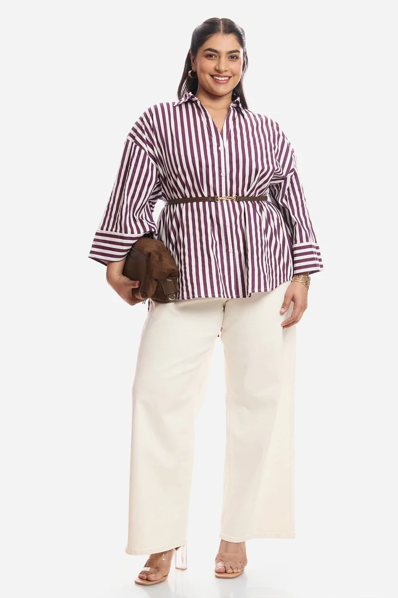 فيرجيو Stripes Cotton Boxy Fit Plus Size Shirt for Women