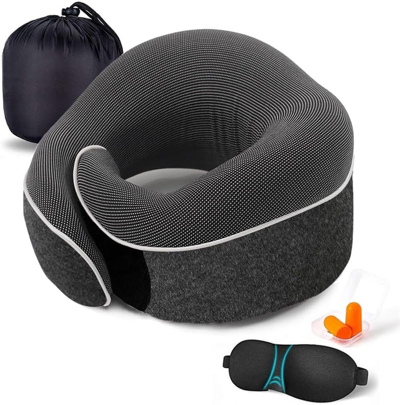 Travel Neck Pillow, Chin Support, Adjustable 100% Pure Memory Foam, Ergonomic Design, Soft Full Neck Surround Pillow for Home, Airplanes, and Car (Black) - Image 1