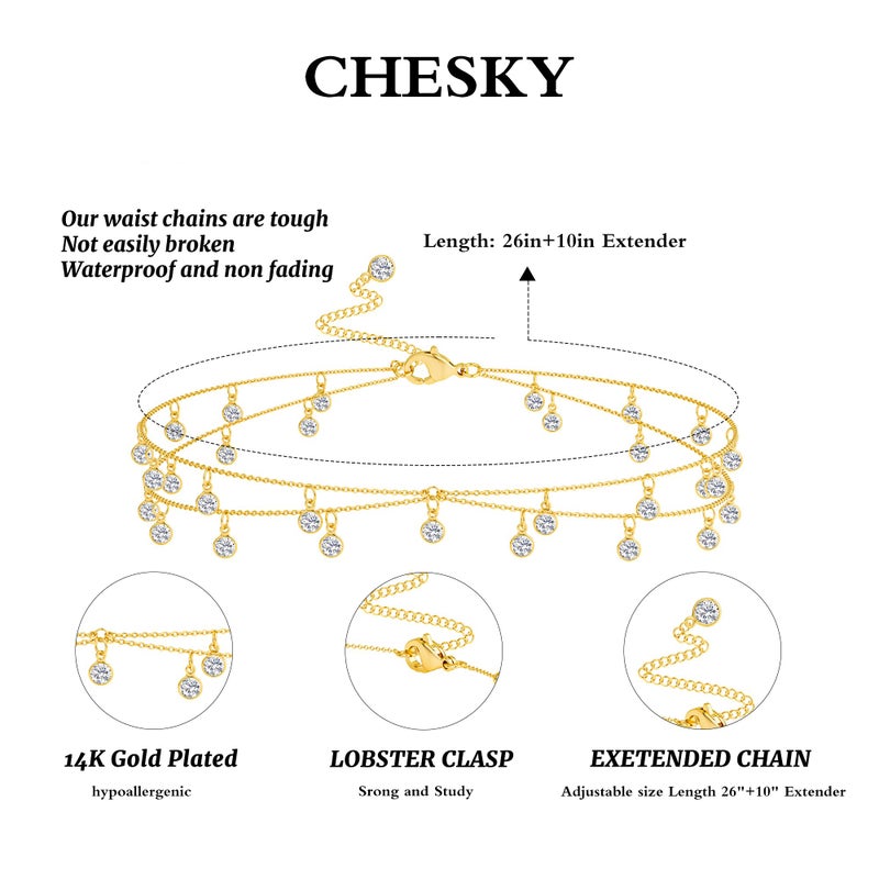 CHESKY Gold Waist Chain for Women Trendy, 14K Gold Plated Layered Belly Chain Adjustable Waterproof Sexy Beach Bikini Cubic Zirconia Chain Hypoallergenic Dainty Body Chain Jewelry for Women Gifts - Image 5
