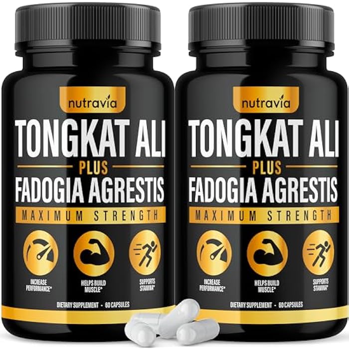 Nutravia (2 عبوة) مكمل تونغكات علي فادوجيا أغريستيس للرجال، معزز أكسيد النيتريك للذكور، مسحوق مستخلص تونغكات علي، فيتامينات، مضخة اختبار، مزيج أداء تدفق تونغكات-علي للنساء (120 كبسولة) - Image 1