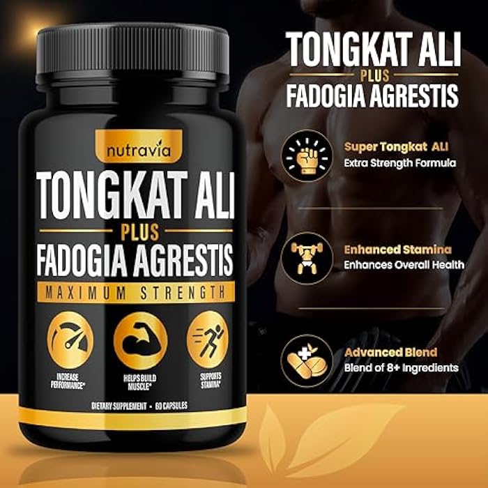 Nutravia (2 عبوة) مكمل تونغكات علي فادوجيا أغريستيس للرجال، معزز أكسيد النيتريك للذكور، مسحوق مستخلص تونغكات علي، فيتامينات، مضخة اختبار، مزيج أداء تدفق تونغكات-علي للنساء (120 كبسولة) - Image 2