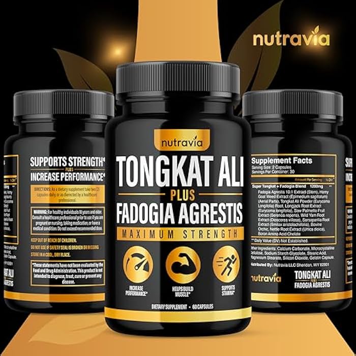 Nutravia (2 عبوة) مكمل تونغكات علي فادوجيا أغريستيس للرجال، معزز أكسيد النيتريك للذكور، مسحوق مستخلص تونغكات علي، فيتامينات، مضخة اختبار، مزيج أداء تدفق تونغكات-علي للنساء (120 كبسولة) - Image 5