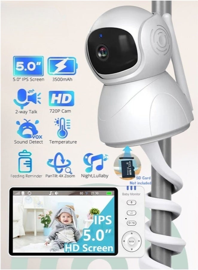 والالا كاميرا مراقبة الطفل، شاشة فيديو عالية الدقة 5 بوصات، كاميرا 720 بكسل، رؤية ليلية بالأشعة تحت الحمراء، كشف الصوت، صوت ثنائي الاتجاه ووضع VOX، مستشعر درجة الحرارة و8 تهويدات، كاميرا أمان داخلية للمنزل - Image 1