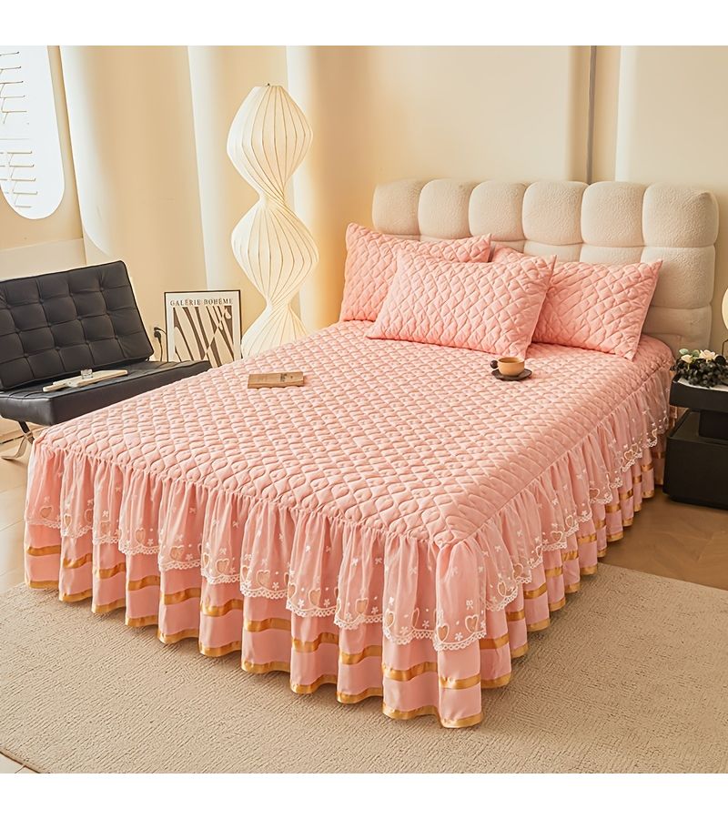 3pcs Luxury Quilted Padded Lace Trim Bed Skirt Set Pink Includes 1 Bed Skirt 2 Pillowcases Skin Friendly Breathable Soft Comfortable Thickened Warm Bedding Autumn Winter Non Slip Mattress Protector 59.06 By 78.74 Inches - Image 5
