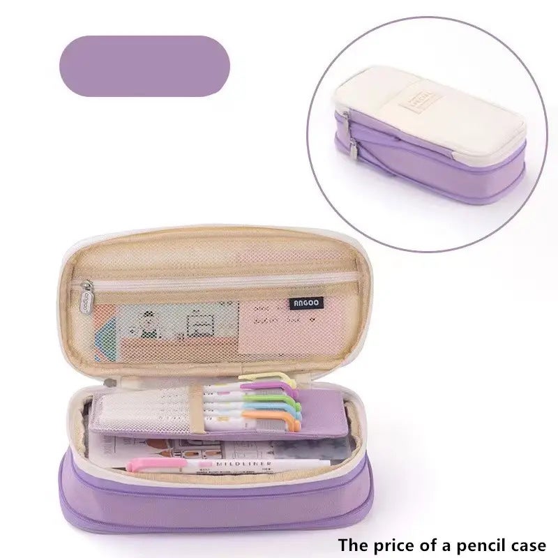 Korean Style Pencil Case Ins Japanese and Korean Style Macaron Color-matching Retractable Large Capacity Upgraded Pencil Case Stationery Case Foreign Trade canvas purple 