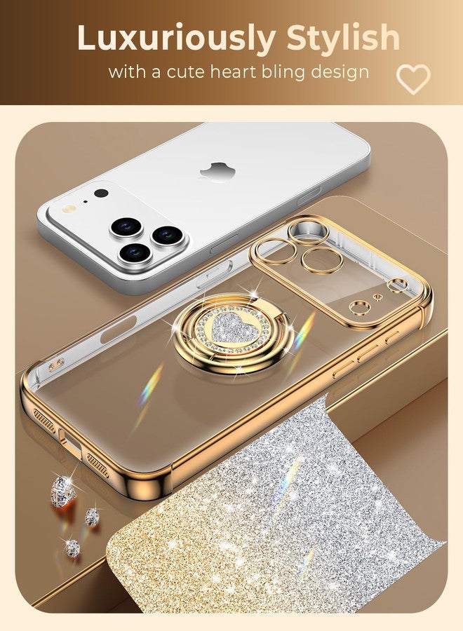 XYZ جراب XYZ لهاتف iPhone 17 Pro Max مع حامل، جراب هاتف مزود بحلقة مزدوجة قابلة للطي، جراب هاتف فاخر لامع شفاف على شكل قلب للنساء والفتيات لهاتف Apple 17 Pro Max، ذهبي - Image 5