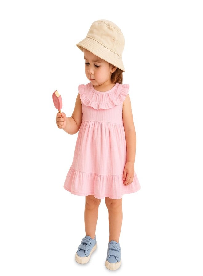 Kidbea فستان كيدبيا® للبنات الصغيرات بطول منتصف الساق/الركبة | هدية عيد ميلاد | فستان صيفي | فستان جديد لطيف وعصري مصنوع من أقمشة الكتان 100% باللون الوردي من 6 إلى 9 أشهر - Image 1