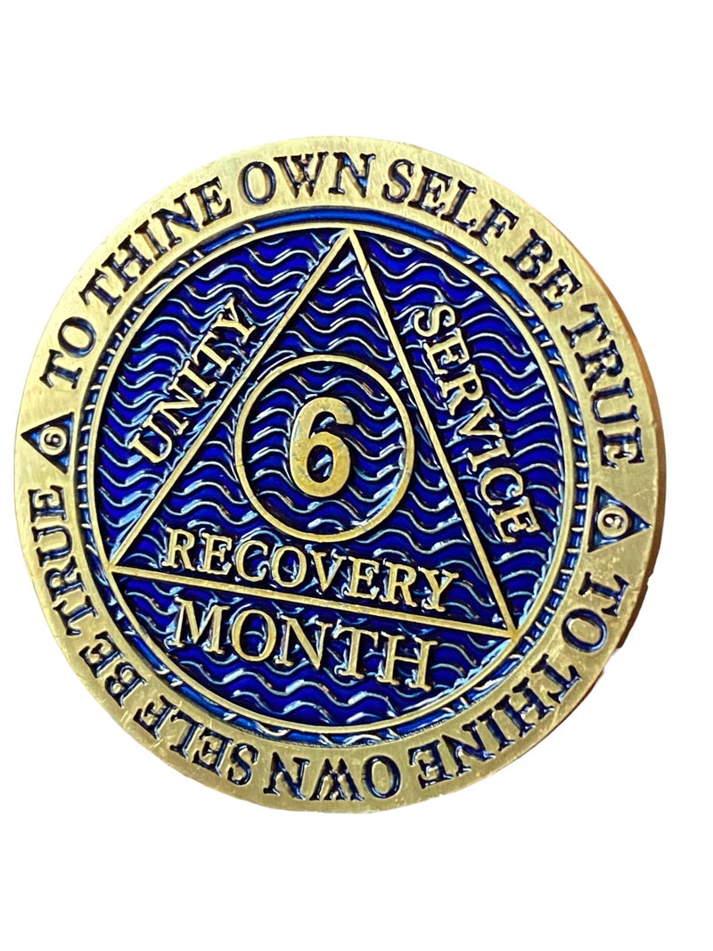 RecoveryChip 6 Month AA Medallion Antique Bronze Dusty Blue Color Sobriety Chip - Image 3