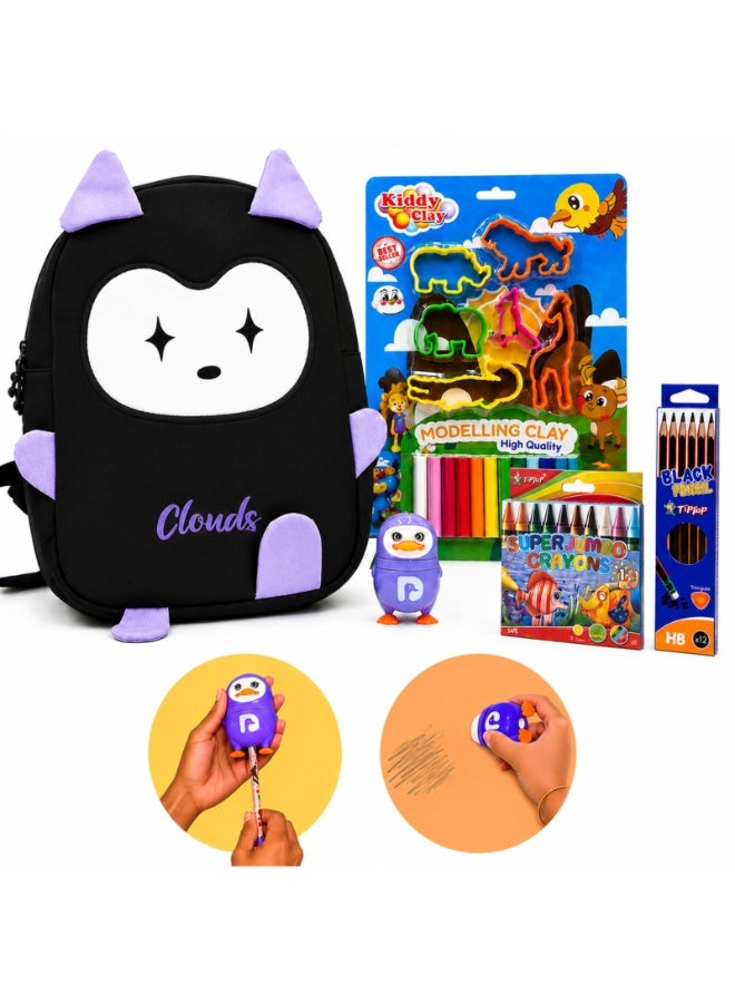 children's Stationery Gift Set with Twinkle Owl Theme Bag, 12 Pencils, 12 Color Crayons, Moulding Clay & Penguin Sharpener Blue, Complete School Kit for Boys & Girls