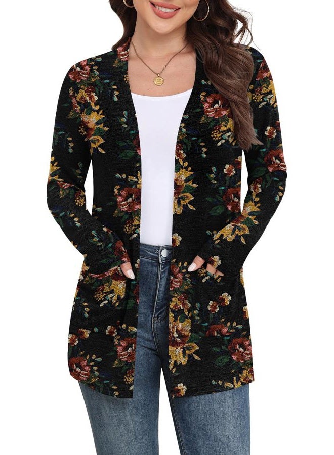 Yincro Womens Lightweight Long Sleeve Cardigan Casual 0pen Front Sweater Cardigans with Pockets, Brown Floral Black, L - Image 1
