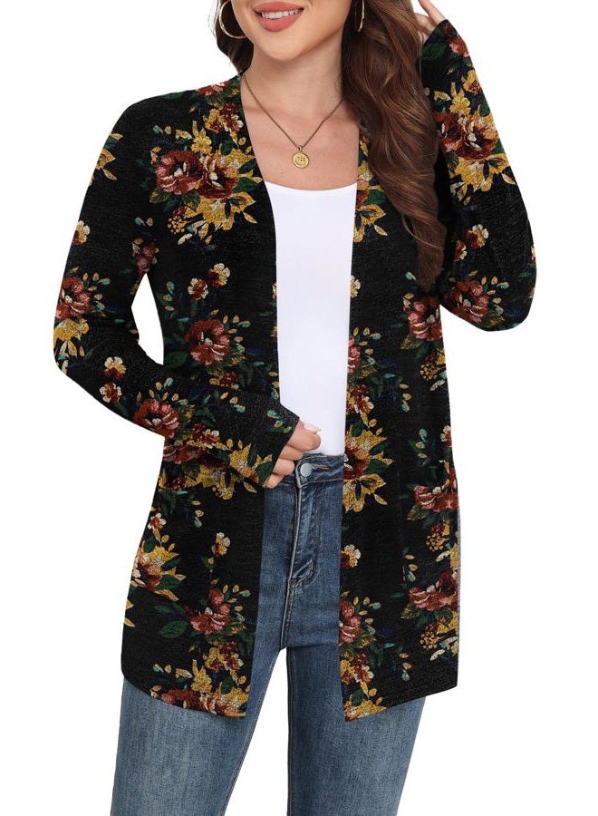 Yincro Womens Lightweight Long Sleeve Cardigan Casual 0pen Front Sweater Cardigans with Pockets, Brown Floral Black, L - Image 3