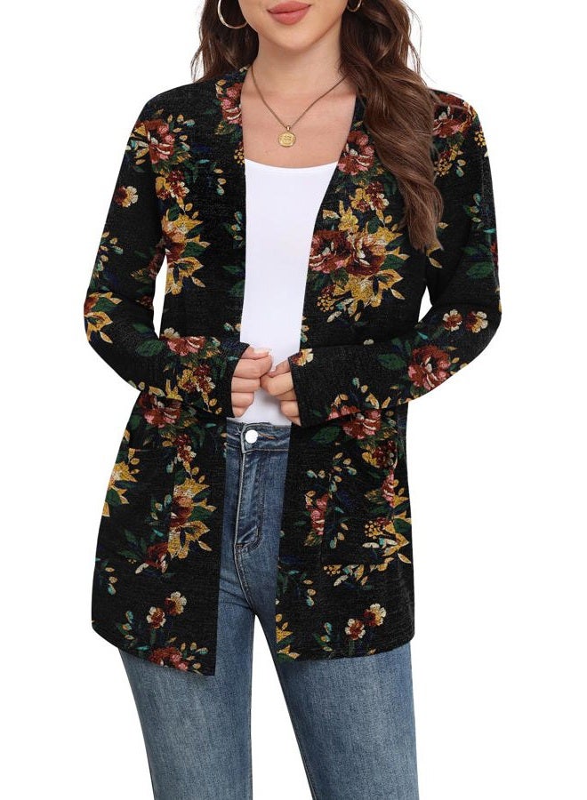 Yincro Womens Lightweight Long Sleeve Cardigan Casual 0pen Front Sweater Cardigans with Pockets, Brown Floral Black, L - Image 4