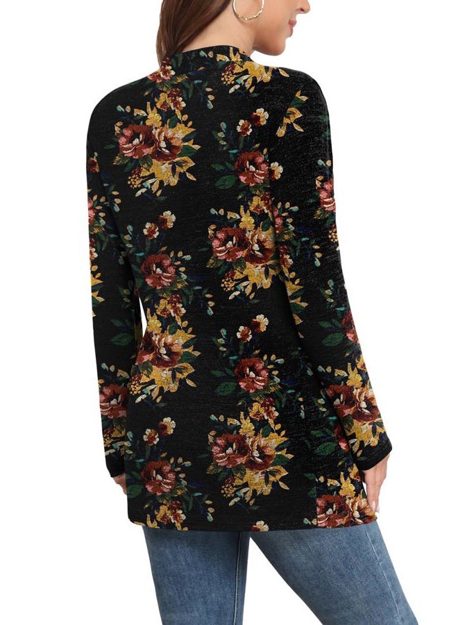 Yincro Womens Lightweight Long Sleeve Cardigan Casual 0pen Front Sweater Cardigans with Pockets, Brown Floral Black, L - Image 2