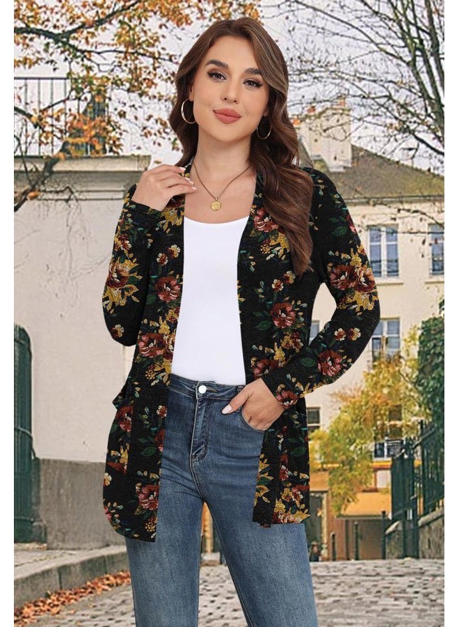 Yincro Womens Lightweight Long Sleeve Cardigan Casual 0pen Front Sweater Cardigans with Pockets, Brown Floral Black, L - Image 5