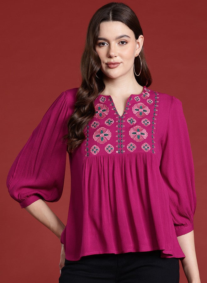 Baizee All About You Embroidered Puff Sleeve Ethnic Top