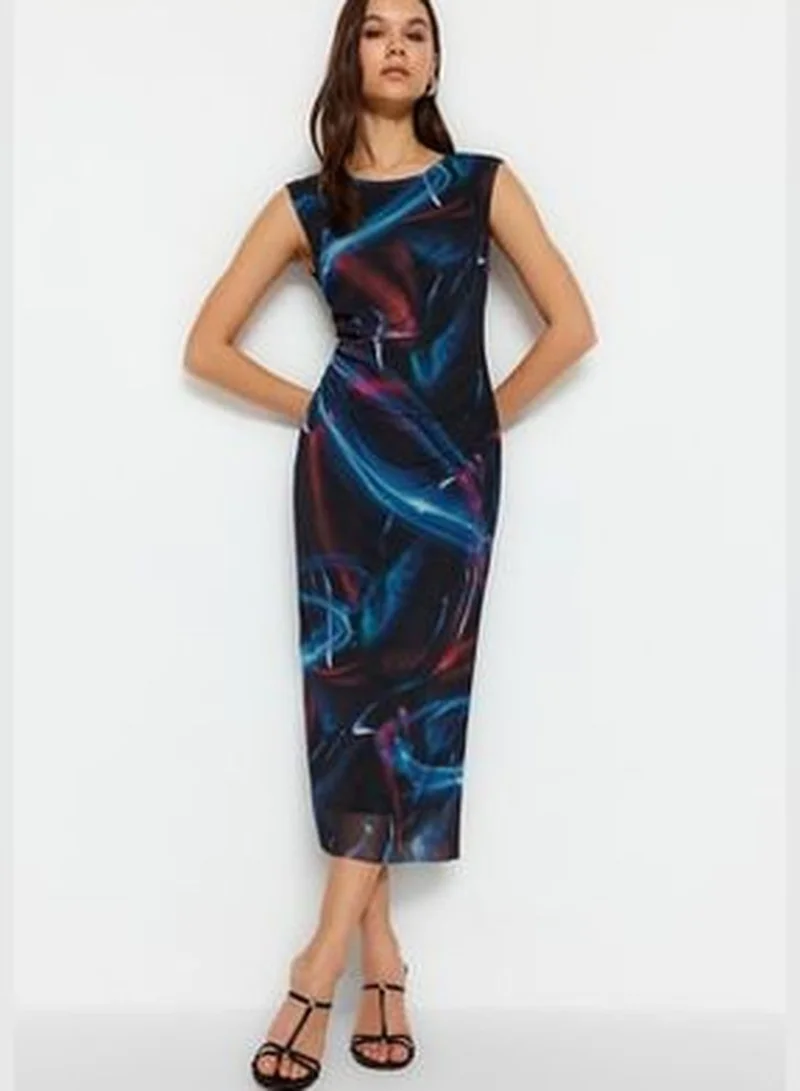trendyol Midi Lined Tulle Stretch Knit Dress with Shirring and Multi-coloured Prints TWOSS23EL00808