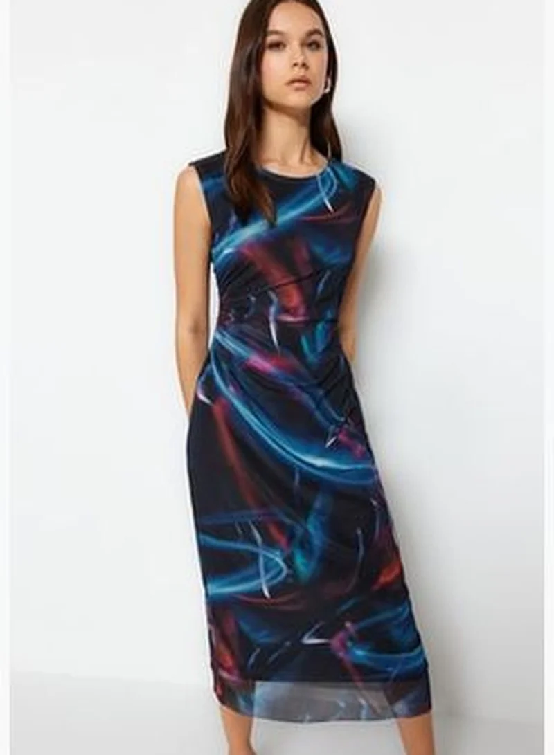 trendyol Midi Lined Tulle Stretch Knit Dress with Shirring and Multi-coloured Prints TWOSS23EL00808