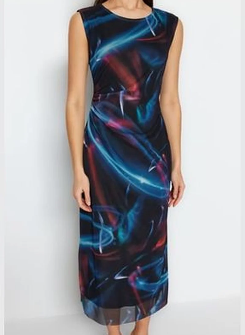 trendyol Midi Lined Tulle Stretch Knit Dress with Shirring and Multi-coloured Prints TWOSS23EL00808