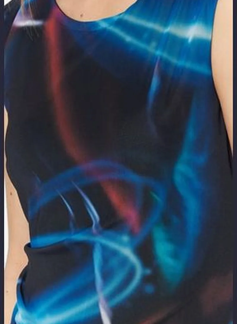 trendyol Midi Lined Tulle Stretch Knit Dress with Shirring and Multi-coloured Prints TWOSS23EL00808