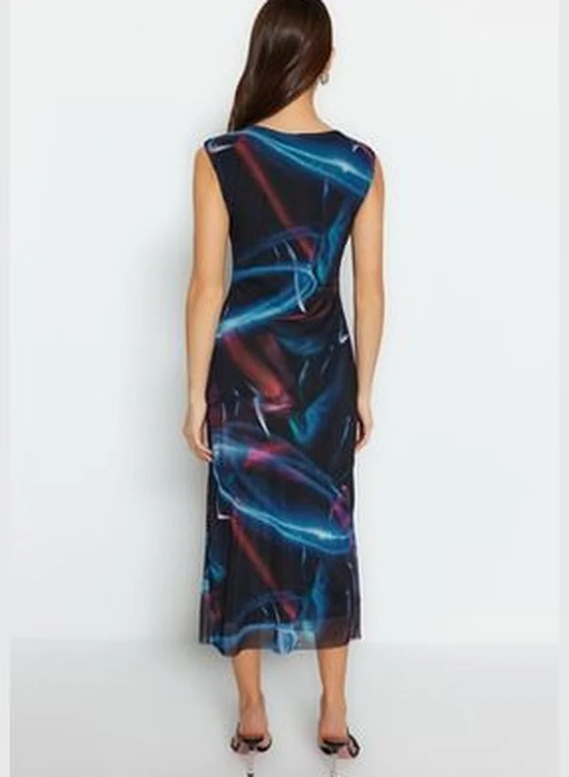 trendyol Midi Lined Tulle Stretch Knit Dress with Shirring and Multi-coloured Prints TWOSS23EL00808