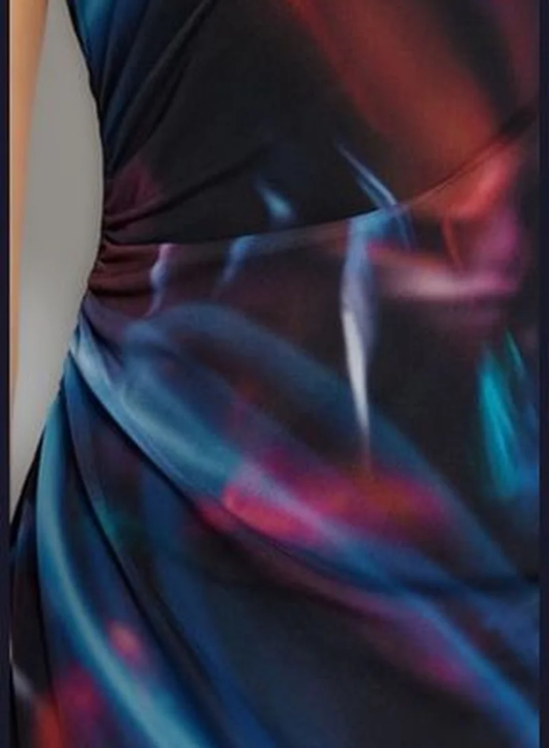 trendyol Midi Lined Tulle Stretch Knit Dress with Shirring and Multi-coloured Prints TWOSS23EL00808