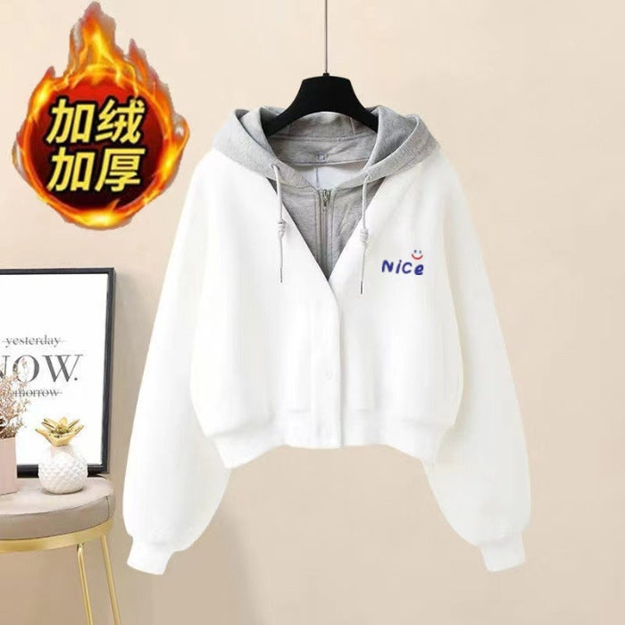 ((Composite Super Soft Beibei Velvet)) Autumn and Winter College Style Age-reducing Fake Two-piece Sweater Womens Casual Pants Two-piece Set Single coat