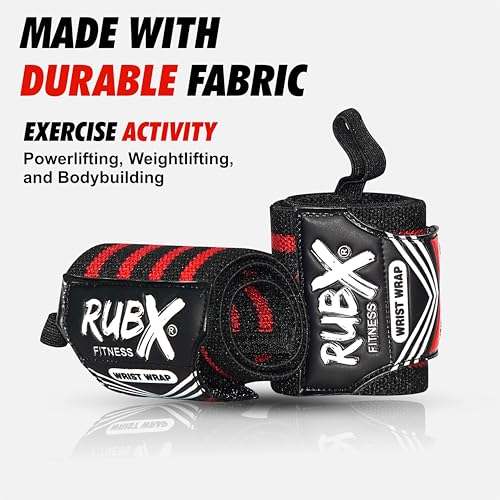 RUBX Premium Wrist Wraps for Gym Workout – Adjustable Wrist Support Straps for Weightlifting, CrossFit, Powerlifting, Training – Men & Women Gym Accessories with Thumb Loop (Red) - Image 2