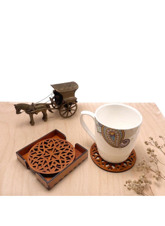 IndionArt Chaturdash 99mm Decorative Wooden Tea Coaster Set with Stand Hand-Painted Spill-Resistant Mandala Design (4, Honey Maple) - Image 4