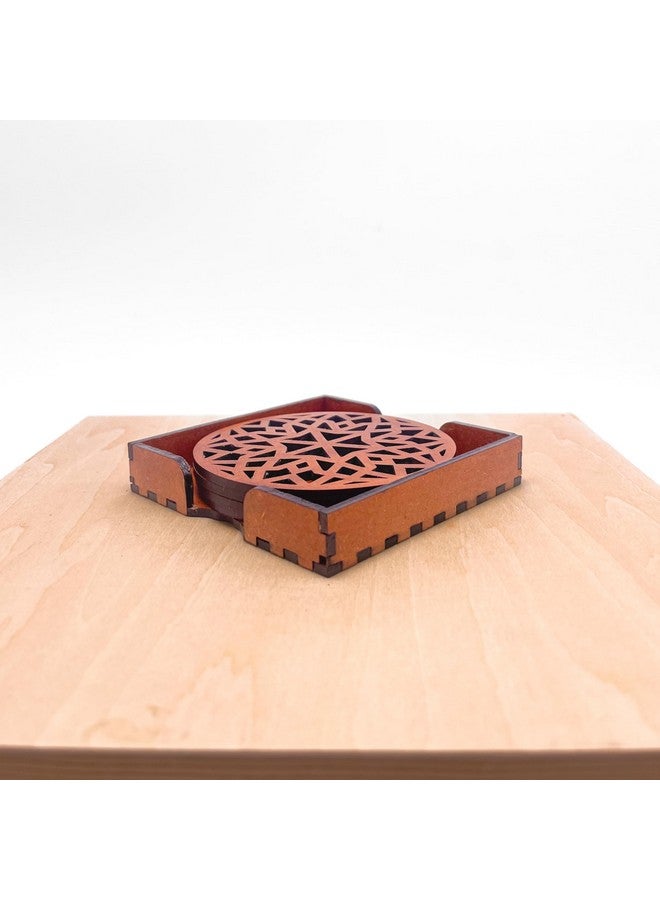 IndionArt Chaturdash 99mm Decorative Wooden Tea Coaster Set with Stand Hand-Painted Spill-Resistant Mandala Design (4, Honey Maple) - Image 2