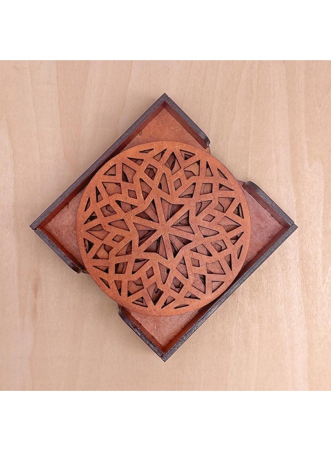 IndionArt Chaturdash 99mm Decorative Wooden Tea Coaster Set with Stand Hand-Painted Spill-Resistant Mandala Design (4, Honey Maple) - Image 1