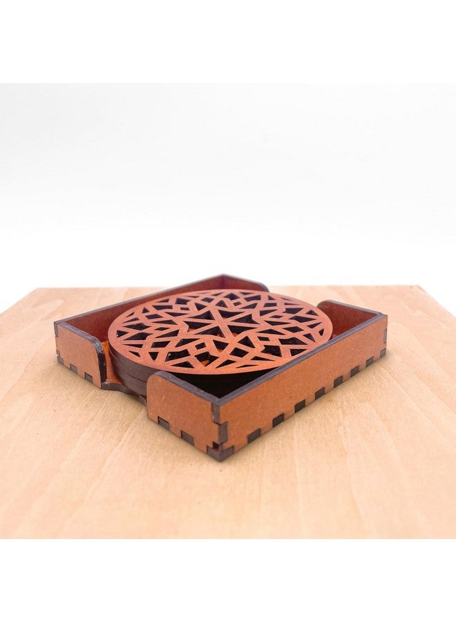 IndionArt Chaturdash 99mm Decorative Wooden Tea Coaster Set with Stand Hand-Painted Spill-Resistant Mandala Design (4, Honey Maple) - Image 3