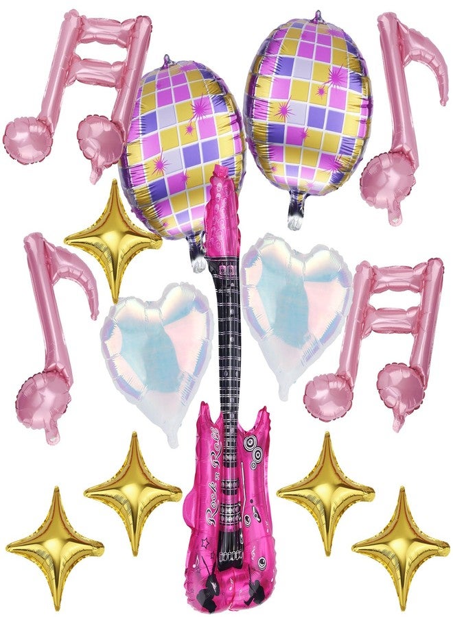 lasuroa 14pcs Guitar Note Balloons, Music Party Decorations Inflatable Blow Up Guitar Notes Disco Ball Four-Pointed Star Heart-Shaped Foil Balloons Set for Concerts Birthday Parties Kids Games Props - Image 1