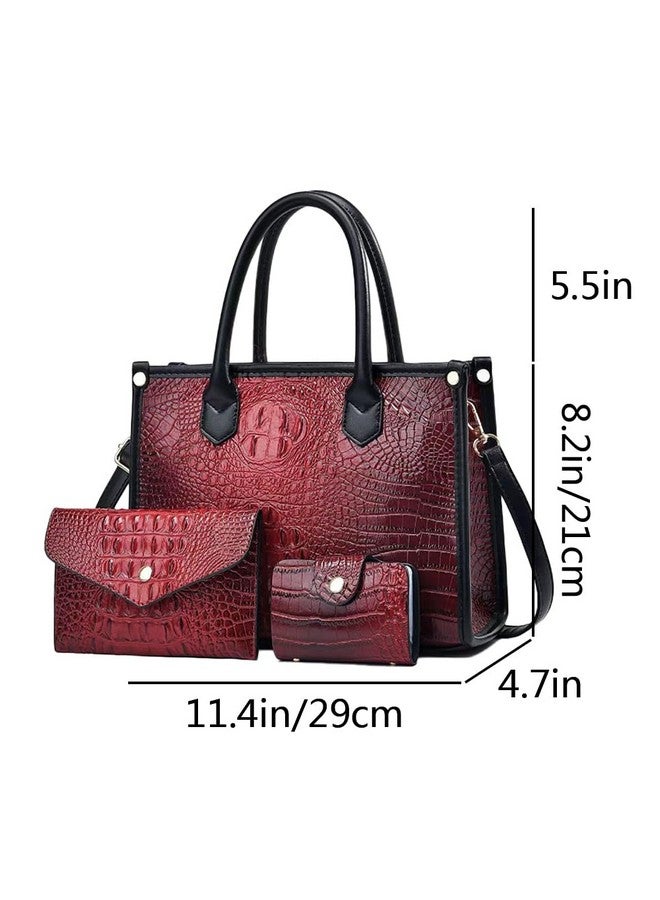 FiveloveTwo FiveloveTwo Women 3pcs Handbag and Purse Crocodile Pattern Totes Satchel Clutch Wallet Card Holder Burgundy
