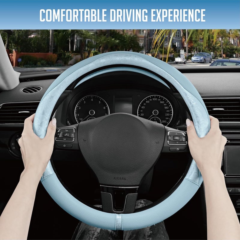 PIC AUTO غطاء عجلة قيادة ، مصنوع من جلد أزرق فاتح مزخرف، تصميم مربع الأجزاء، يناسب جميع أحجام عجلات القيادة من 14.5" إلى 15.5"، مانع للانزلاق، خالي من الروائح، جلد ناعم بنسيج PU، متين ويوفر قبضة مريحة، مناسب للفتيات والنساء. - Image 5