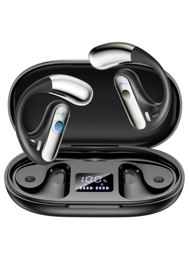 lekikpo Open Ear Bluetooth 5.4 Earbuds, 2024 Wireless Headphones Sport Over Earphones Built-in Mic with Ear Hooks 50H Playtime Ear Buds LED Display Charging Case, Waterproof Design for Running Fitness, Black  - Image 1