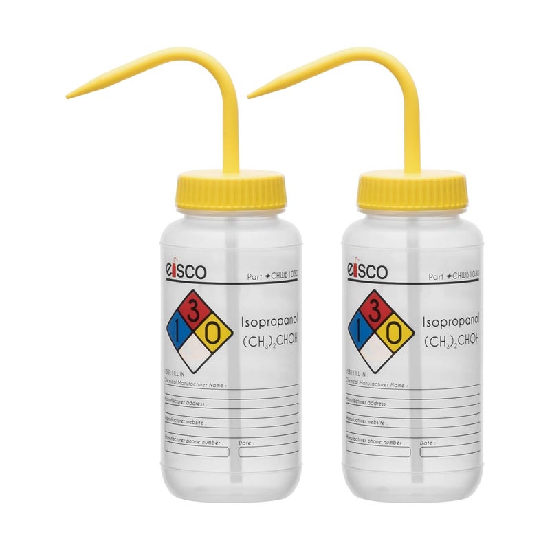 EISCO 2PK Wash Bottle for Isopropanol, 500ml - Labeled with Color Coded Chemical & Safety Information (4 Colors) - Wide Mouth, Self Venting, Low Density Polyethylene Labs - Image 1